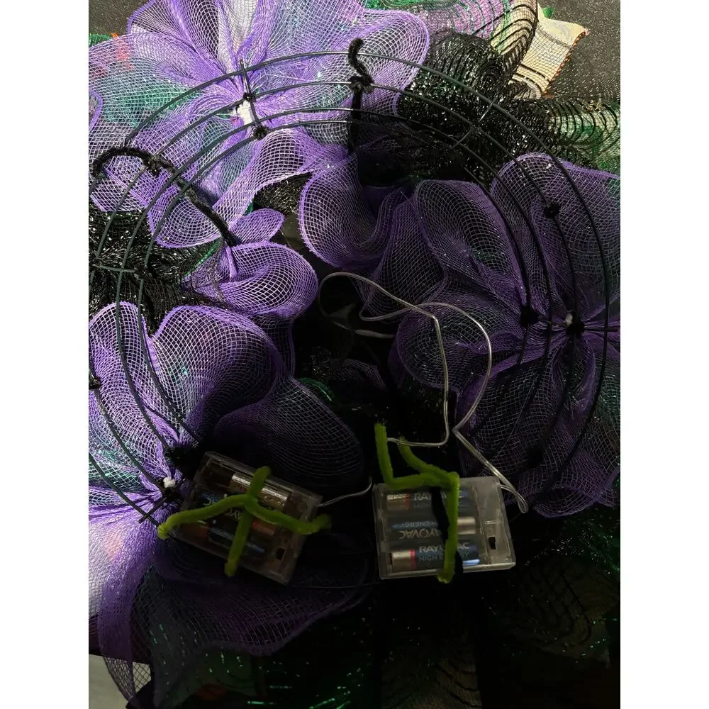 Pre Lit Halloween Wreath Glowing Pumpkin Light Up 24 Inch Handmade Deco Mesh